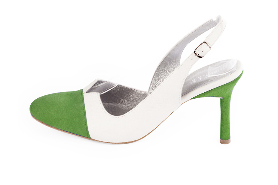 Grass green and off white slingback elegant shoes. Round toe. High slim heel. - Florence KOOIJMAN